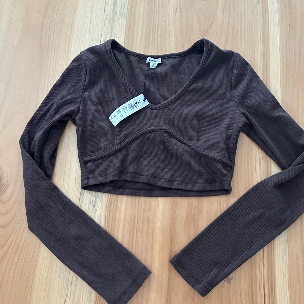 Garage Dark Brown Long Sleeve Crop Top